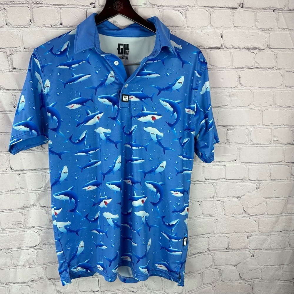 GH greater half Blue Sharks performance golf polo Shirt sz M outdoor sport
